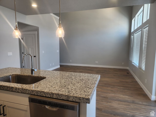 9781 N Aaron Ave Unit 207, Eagle Mountain, UT 84005 - kitchen with hanging light fixtures, stone counters, sink, and stainless steel dishwasher