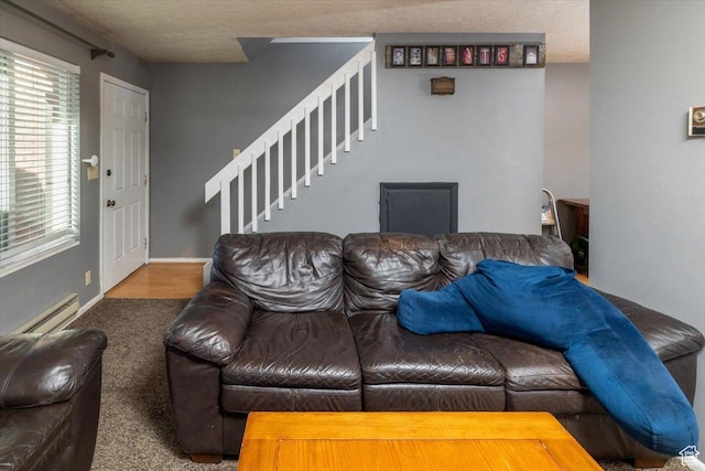 281 W 600 N Unit 4, Logan, UT 84321 - carpeted living room featuring a textured ceiling and a baseboard radiator