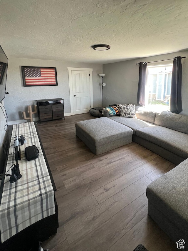 living room featuring a textured ceiling, hardwood / wood-style floors, and baseboards