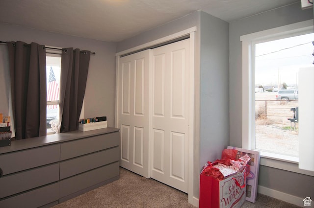 bedroom with a closet, multiple windows, and carpet