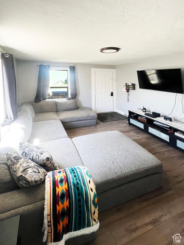 living area with a textured ceiling, wood finished floors, and baseboards