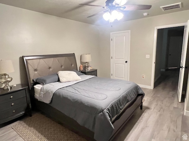 bedroom featuring ceiling fan and light hardwood / wood-style flooring