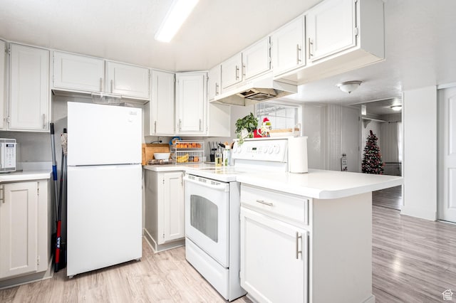 1180 S Cove View Rd, Richfield, UT 84701 - kitchen featuring white cabinetry, custom exhaust hood, white appliances, and light wood-type flooring