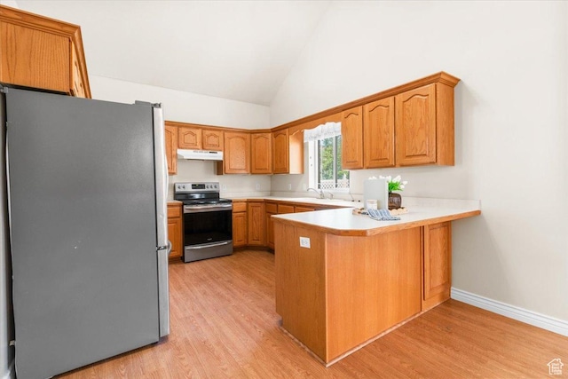 68 E 100 N, Nephi, UT 84648 - kitchen featuring stainless steel appliances, under cabinet range hood, a peninsula, light wood-style flooring, and high vaulted ceiling