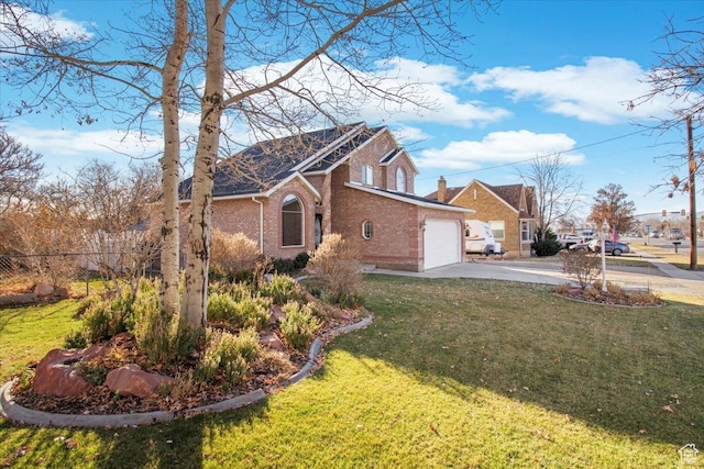 view of property exterior featuring a lawn and a garage