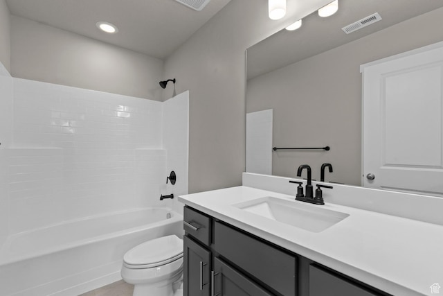 full bathroom with shower / bathing tub combination, vanity, and toilet