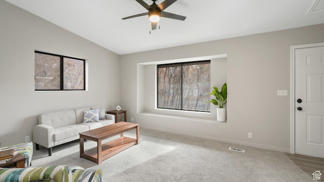 1583 E 1500 N, Logan, UT 84341 - living room with ceiling fan, light colored carpet, and vaulted ceiling