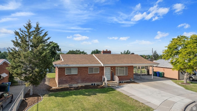 173 W 850 S, Orem, UT 84058 - ranch-style home with concrete driveway, a chimney, a front lawn, brick siding, and an attached carport