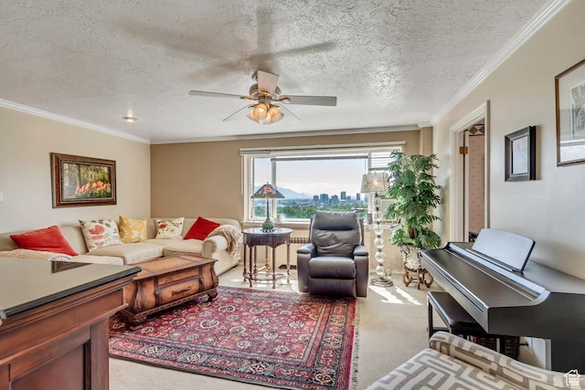 130 S 1300 E 703 &4, Salt Lake City, UT 84102 - living room with a textured ceiling, ceiling fan, crown molding, and light carpet