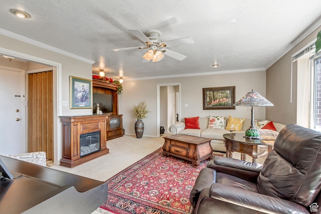 130 S 1300 E 703 &4, Salt Lake City, UT 84102 - living room featuring crown molding, carpet floors, a textured ceiling, and ceiling fan
