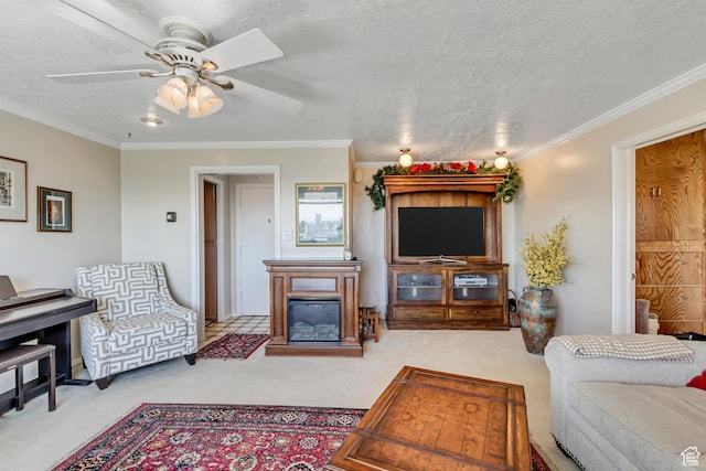 130 S 1300 E 703 &4, Salt Lake City, UT 84102 - carpeted living room with crown molding, ceiling fan, and a textured ceiling