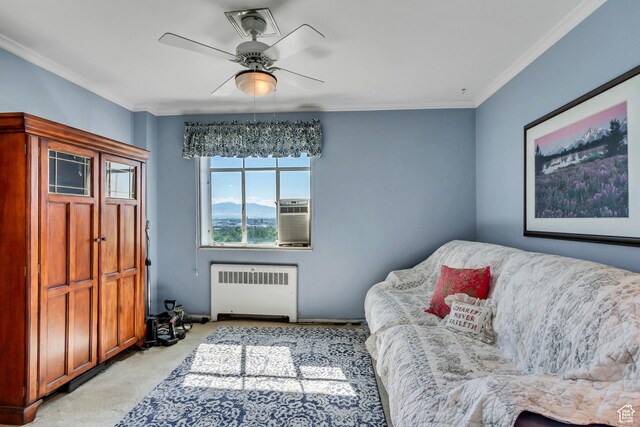 130 S 1300 E 703 &4, Salt Lake City, UT 84102 - sitting room with ceiling fan, radiator heating unit, crown molding, cooling unit, and light colored carpet