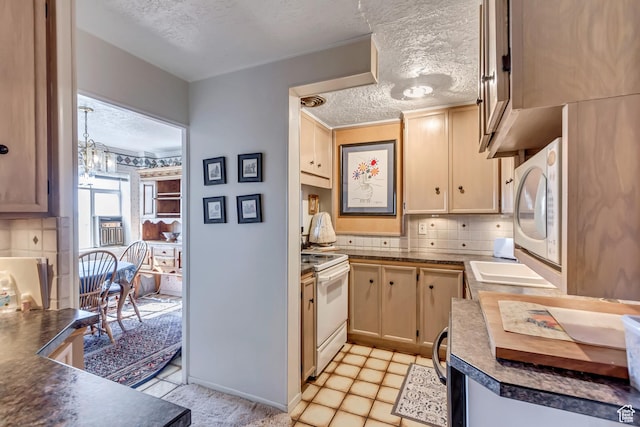 130 S 1300 E 703 &4, Salt Lake City, UT 84102 - kitchen with decorative backsplash, white appliances, a textured ceiling, and light brown cabinetry