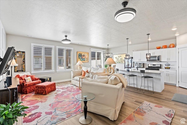 living room with a textured ceiling and light hardwood / wood-style flooring