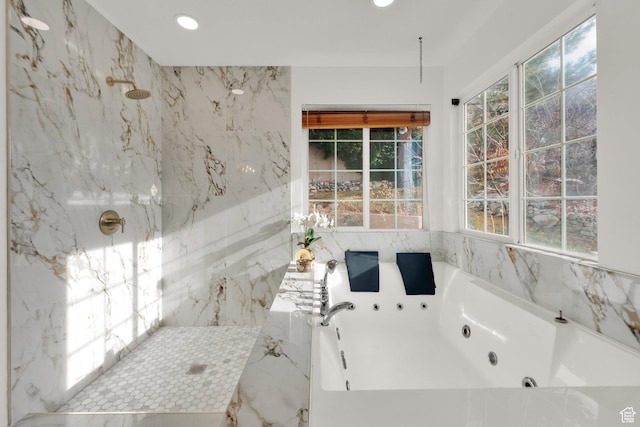 4821 S Fortuna Way, Salt Lake City, UT 84124 - bathroom with a marble finish shower, a jetted tub, and recessed lighting