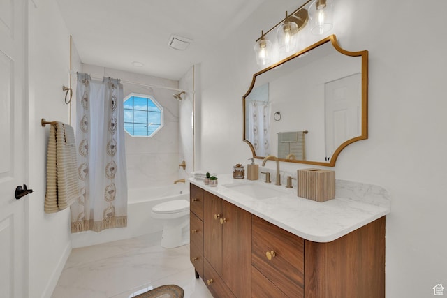 4821 S Fortuna Way, Salt Lake City, UT 84124 - full bath with marble finish floor, toilet, vanity, and shower / bathtub combination with curtain