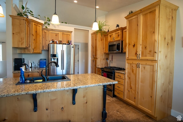 159 S 400 E, Annabella, UT 84711 - kitchen featuring appliances with stainless steel finishes, a sink, a breakfast bar, light stone counters, and decorative light fixtures