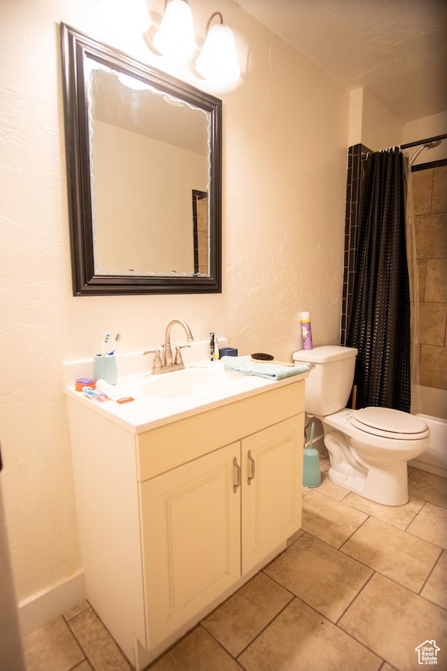 159 S 400 E, Annabella, UT 84711 - full bathroom featuring a textured wall, vanity, toilet, shower / bath combo with shower curtain, and tile patterned flooring