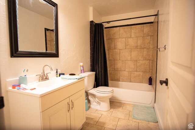 159 S 400 E, Annabella, UT 84711 - bathroom with vanity, toilet, shower / bathtub combination with curtain, tile patterned floors, and a textured wall