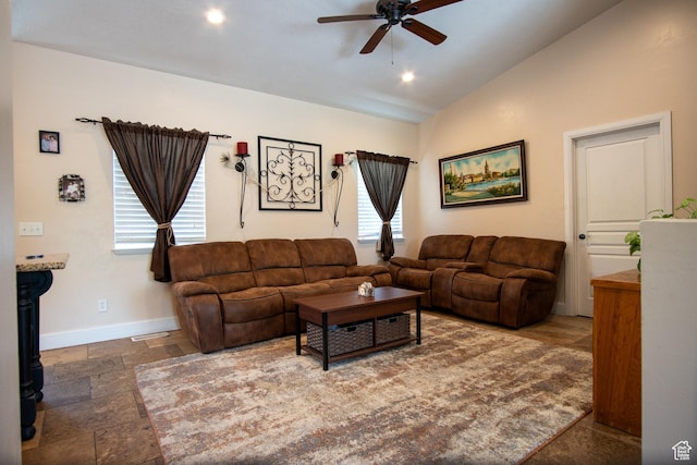 159 S 400 E, Annabella, UT 84711 - living room featuring vaulted ceiling, ceiling fan, healthy amount of natural light, baseboards, and stone finish floors
