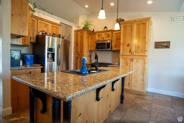159 S 400 E, Annabella, UT 84711 - kitchen featuring stainless steel appliances, baseboards, a kitchen breakfast bar, a kitchen island, and light stone countertops