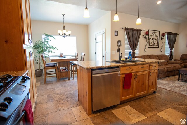 159 S 400 E, Annabella, UT 84711 - kitchen featuring stainless steel appliances, a sink, stone tile flooring, open floor plan, and a chandelier