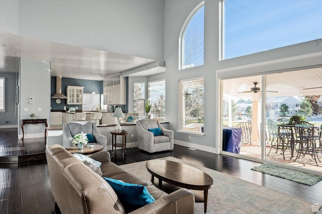 4487 W Tee Box Dr, South Jordan, UT 84009 - living room with dark wood-style floors, baseboards, and a high ceiling