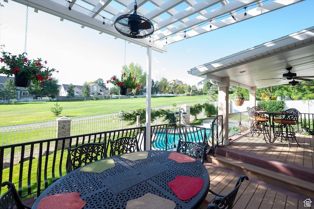 4487 W Tee Box Dr, South Jordan, UT 84009 - wooden deck with outdoor dining area, ceiling fan, and a pergola