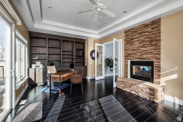 4487 W Tee Box Dr, South Jordan, UT 84009 - office with a tray ceiling, baseboards, and dark wood-type flooring