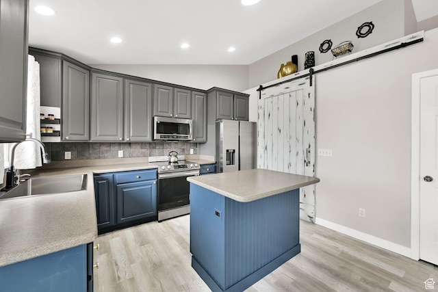 kitchen with a sink, a center island, light wood-style flooring, stainless steel appliances, and decorative backsplash
