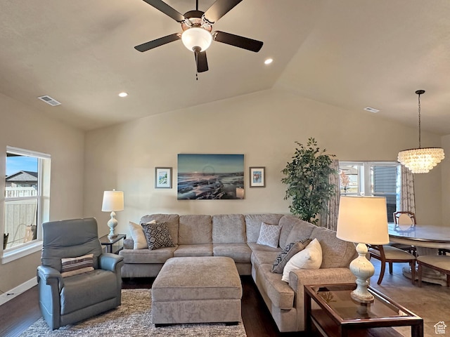1313 N 250 E, Brigham City, UT 84302 - living area featuring lofted ceiling, a ceiling fan, healthy amount of natural light, a chandelier, and recessed lighting