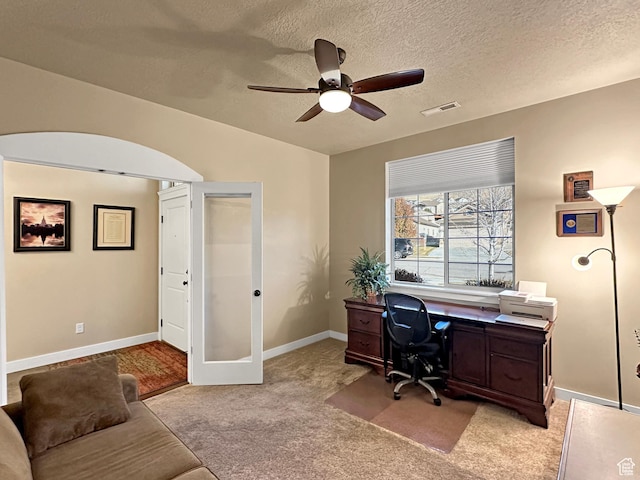 1313 N 250 E, Brigham City, UT 84302 - carpeted home office featuring ceiling fan, baseboards, french doors, and a textured ceiling