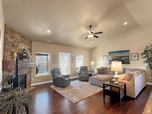 1313 N 250 E, Brigham City, UT 84302 - living area featuring dark wood finished floors, ceiling fan, baseboards, vaulted ceiling, and recessed lighting