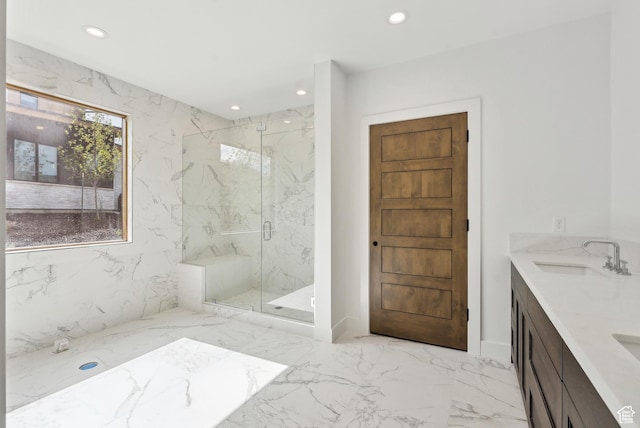 5758 Cobalt Cir Unit 12, Park City, UT 84098 - full bathroom featuring recessed lighting, marble tiled floors, a marble finish shower, and double vanity