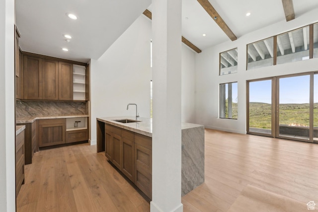 5758 Cobalt Cir Unit 12, Park City, UT 84098 - kitchen with a sink, open shelves, light wood finished floors, beam ceiling, and recessed lighting