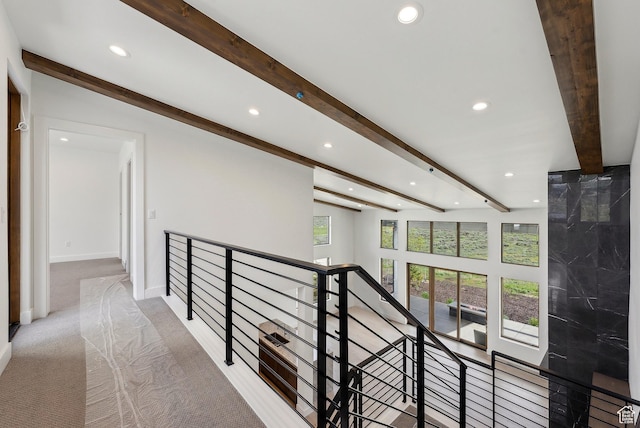 5758 Cobalt Cir Unit 12, Park City, UT 84098 - corridor featuring recessed lighting, an upstairs landing, beam ceiling, carpet, and baseboards