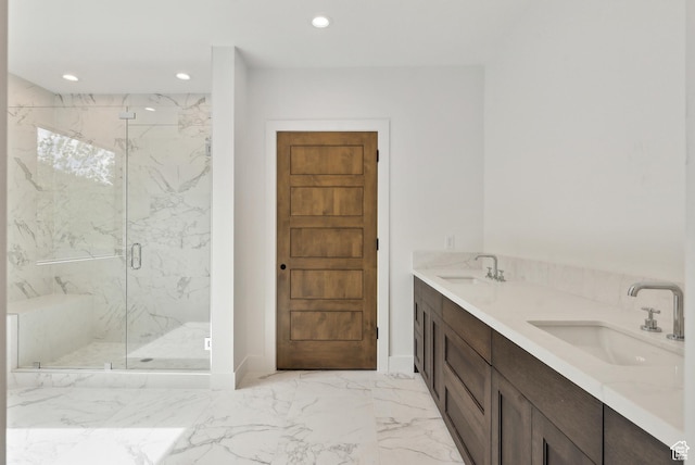 5758 Cobalt Cir Unit 12, Park City, UT 84098 - full bathroom with recessed lighting, a marble finish shower, marble finish flooring, double vanity, and baseboards