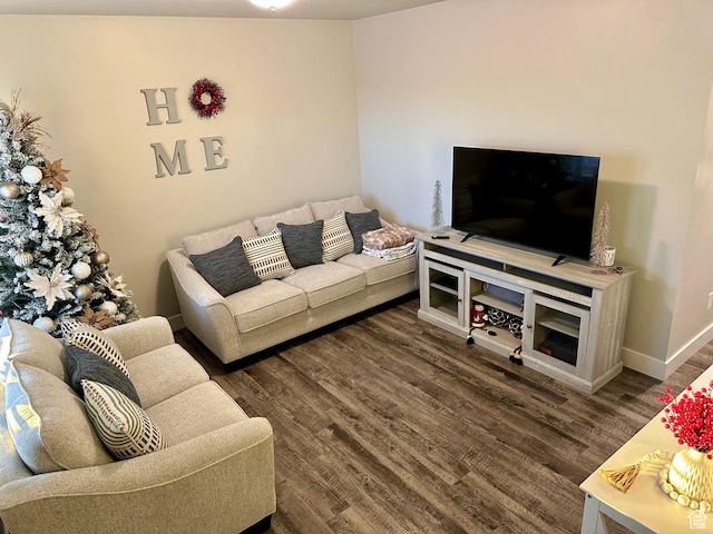 living room with dark hardwood / wood-style floors and lofted ceiling