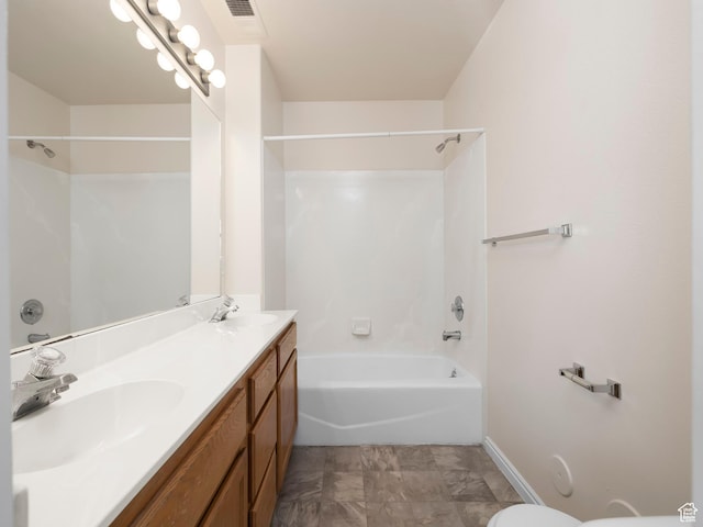 full bath featuring double vanity, visible vents, a sink, and shower / washtub combination