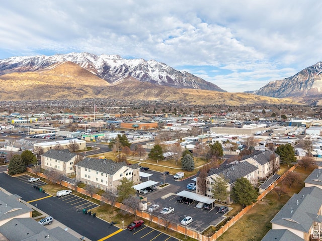 drone / aerial view featuring a mountain view