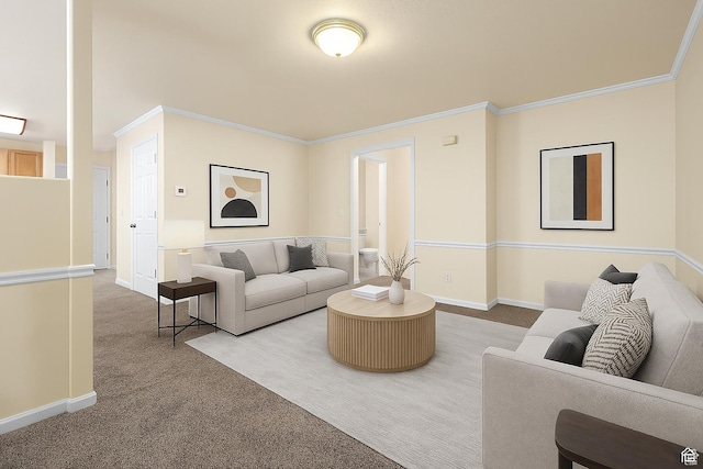 living area featuring crown molding, baseboards, and carpet floors