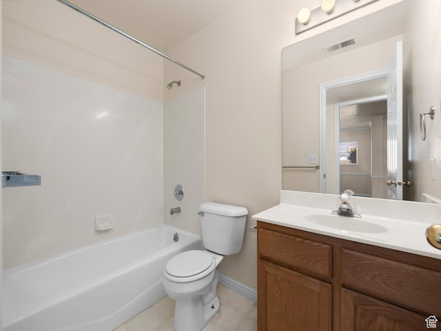 full bath with visible vents, toilet, vanity, shower / bath combination, and tile patterned floors