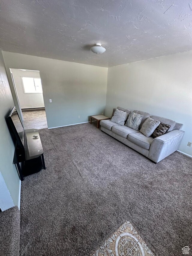 555 N 9th St, Montpelier, ID 83254 - unfurnished living room featuring carpet floors, a textured ceiling, and baseboards