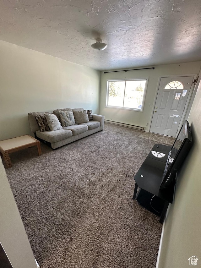 555 N 9th St, Montpelier, ID 83254 - carpeted living room with baseboard heating and a textured ceiling