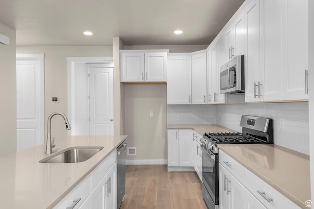 kitchen with a sink, stainless steel appliances, white cabinets, and decorative backsplash