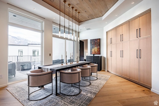 dining area with light wood finished floors, recessed lighting, and wood ceiling