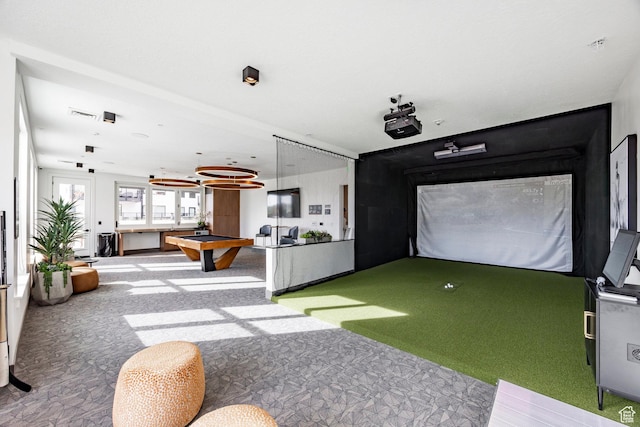 recreation room with golf simulator, carpet flooring, visible vents, and billiards