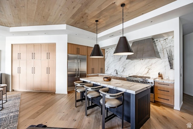 kitchen featuring light wood-style flooring, high end appliances, wall chimney range hood, wood ceiling, and backsplash