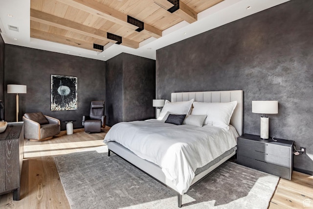 bedroom featuring wood ceiling, wood finished floors, beamed ceiling, and visible vents