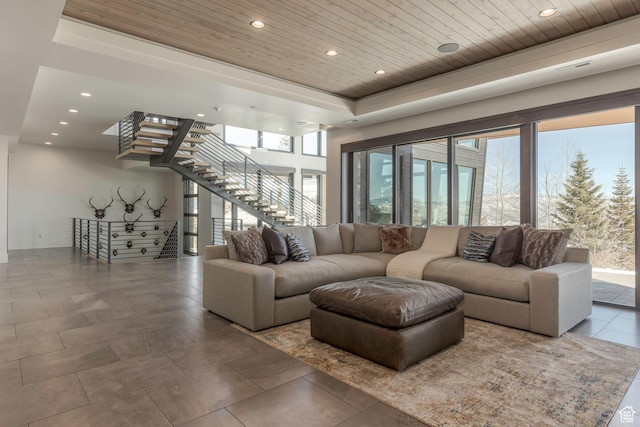 2848 W Deer Pointe Dr, Park City, UT 84060 - living area featuring stairs, wooden ceiling, recessed lighting, and a raised ceiling